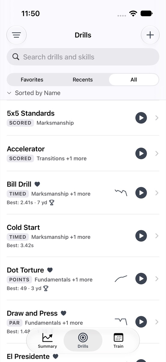 Drill library listing drills with their type, skills and best results