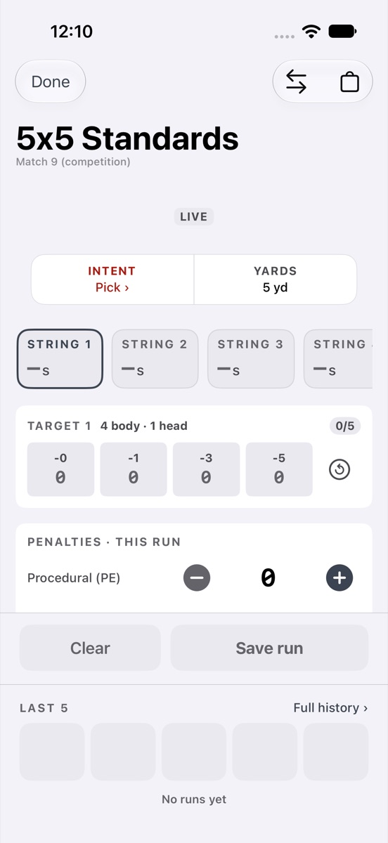 Scored drill runner with strings, per-target hit zones and penalties